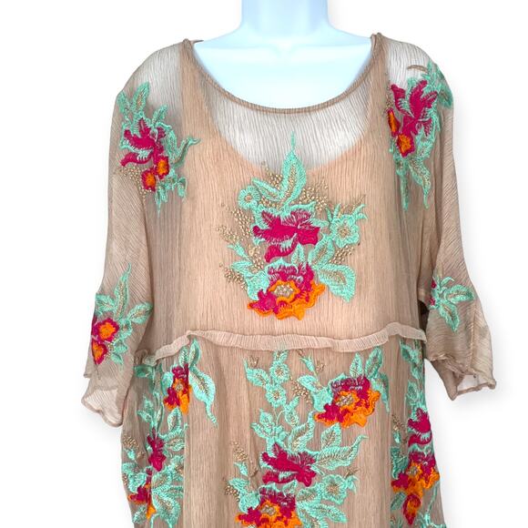 Soft Surroundings | XL | Embroidered Round-Neck Silk Tunic Coverup Sheer Cami - Picture 5 of 8